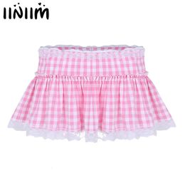 Skirt s School Girls Gleeing Skirt Short Gingham Miniskirt with Lace Hem Pleated Sissy Mens Sexy Cosplay A line Mini 231023
