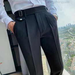 Men's Suits British Style Solid High Waist Suit Pant Business Formal Wear Trousers Slim Casual Office Pants