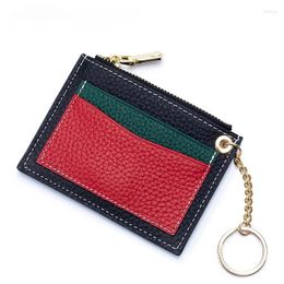 Card Holders Genuine Leather Colour Block Credit And ID Holder With Zipper Mini Wallet For Women Thin Coin Purse Multple Slots