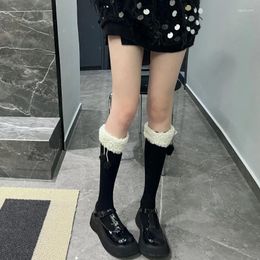 Women Socks Winter Calf Length Boots Japanese Style Cute Faux Lamb Wool Furry Trim Pompom Bowknot Stockings Leg Warmer