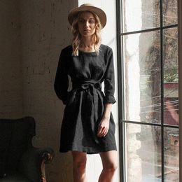 Casual Dresses Cotton Long Dress Women O Neck Sleeve Solid Colour Folds Split Fork Retro Europe Style Party Leisure Elegant Ball