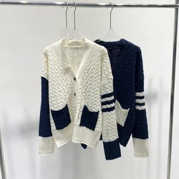 1017 2023 Autumn Womens Sweater Long Sleeve V Neck Blue White Cardigan Fashion Striped Clothes YL