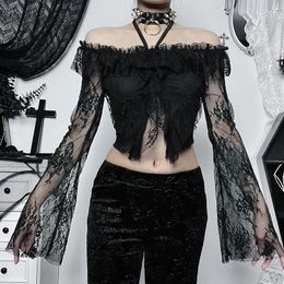 Women's T Shirts Black Floral Lace Long Sleeve T-Shirts Y2K Sexy See Through Halter Crop Tops For Women Vintage Aesthetic Off Shoulder