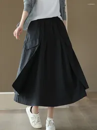 Skirts 2023 White Cotton Elegant Clothes Womens Summer Fashion Loose Ladies Pockets Casual Skirt Black Classic Streetwear