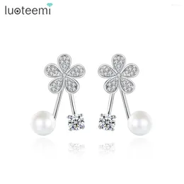 Stud Earrings LUOTEEMI Cute Flower Front And Back Earring For Women Single Pearl With Crystal Fashion 2023 Trend Jewelry Pendientes