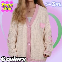 Women's Sweaters S 3XL Women Knit Pink Cardigan Autumn Long Sleeve Cotton Handmade Heart Lover Embroidery Warm Loose Fit Knitwear Tops 231023