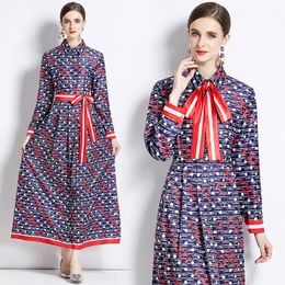 Blue Maxi Dress for Women Designer Long Sleeve Bow Belted Runway Elegant Print Party Dresses Robes 2023 Autumn Winter Vacation Lapel Slim Ruched A-Line Ladies Frocks