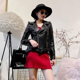 Women's Leather Genuine Jacket Women Classic Motor Biker Rivets Coat Short Belted Slim Fit Female Punk Outwear