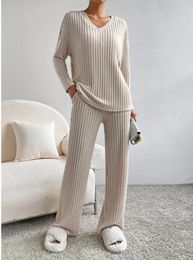 Women's Two Piece Pants Autumn Knitted Women Sets 2023 Fashion Casual Solid Loose Fitting V-neck Pullover Long Sleeved Top Straight Leg