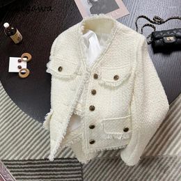 Women's Jackets Tweed Jacket Coat Clothing V-neck Tunic Long Sleeve White Crop Tops Ropa Mujer Vintage Tassel Woolen Short Coats