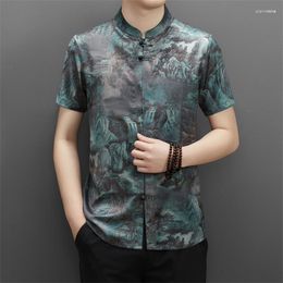Men's Casual Shirts Men's 2023 ChineseTraditional Retro Silk Shirt Summer China Clothes Male Stand Collar Tang Hanfu Printing Suits