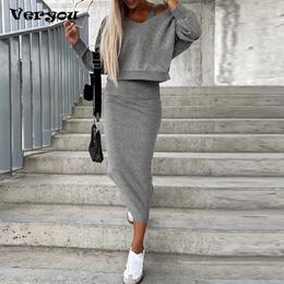 Work Dresses 2023 Sexy 2 Piece Set Women Fashion Solid Colour Long Sleeve Loose Sweatshirt High Waist Skirt Suit Casual Office Dress Sets