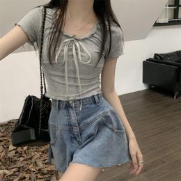 Women's T Shirts Women's Small Lace-up Square Collar Short Sleeve T-shirt Female Summer Spice Girl Slim Bottoming Shirt Top Korean