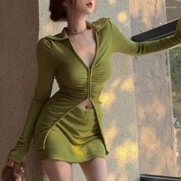 Work Dresses 2023 Autumn For Women Korean Style Avocado Green Irregular Knit T-shirt Mini Skirt Suit 2 Pieces Sets Retro Y2k