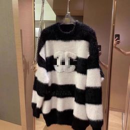 2023 sweater double C explosive female black and white striped mink hair big loose medium long lazy thin cover buttocks