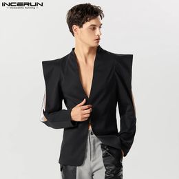 Men's Casual Shirts Men Blazer Solid Lapel Long Sleeve One Button Irregular Suits Men Streetwear Hollow Out Fashion Thin Coats S-5XL INCERUN 231023
