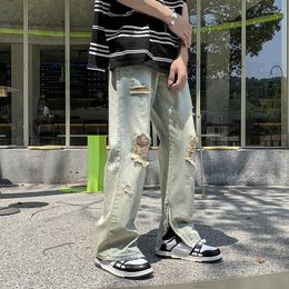 Men's Jeans Men's Ripped Holes Men Summer Oversized M-5XL Denim Wide Leg Trousers Casual Retro Hip Hop Korean Fashion Zipper Decor