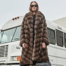 レディースは本物のキツネの毛皮のコートスーツカラーレディースロングコート高品質のナチュラルキツネファーで新しい