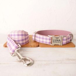 Dog Collars Personalised Collar Custom Pet Free Engraving ID Name Tag Accessory Pnik Purple Plaid Puppy Leash