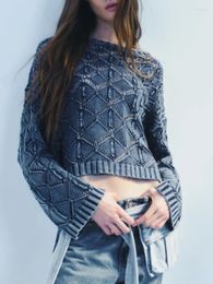 Women's Sweaters Women's Washed Effect Fashion Knit Pullovers 2023 Autumn O Neck Long Sleeve Cropped For Women Vintage Streetwear Woman