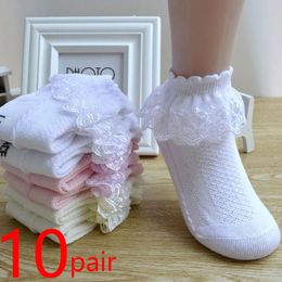 Kids Socks 10 Pairs/lot Baby Girls Kids Socks Lace Ruffle Princess Mesh Children Ankle Short Breathable Cotton White Pink Blue Toddler Sock 231023