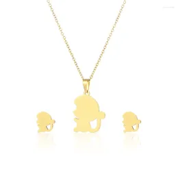 Necklace Earrings Set 10set/lot Stainless Steel Gold Colour Monkey Pendant Chain Stud Earring For Women Fashion Jewellery Wholesale