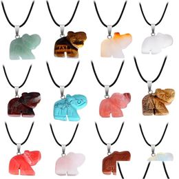 Pendant Necklaces Natural Stone Hand Carved Elephant Crystal Agate Animal Jade Small Necklace Chain Drop Delivery Jewellery Pendants Dhzy2