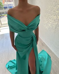 Sexy Mermaid Prom Dresses Long for Women Short Sleeves Off Shoulder Backless Draped Side Split Sweep Train Formal Occasion Evening Birthday Party Pageant Gowns