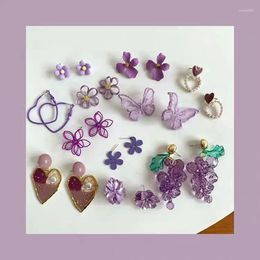 Dangle Earrings Purple Colour Women Small Round Unusual Fashion Flower Butterfly Hanging Earring Jewellery