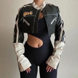 Women's Leather Moto Crop Jacket Y2K Patchwork Colour Motorcycle Girls PU Short Women Fashion Stand Neck Zipper Slim Thin Coat