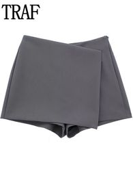 Skirts TRAF 2023 Grey Skirt Shorts High Waist Wrap Short Women Y2K Streetwear Asymmetric Skort Spring Fashion Casual Pants 231023