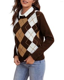 Women's Sweaters Argyle Pattern Round Neck Sweater Teenage Girl Casual Long Sleeve Color Block Pullover Knit Tops
