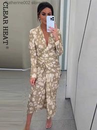 Urban Sexy Dresses Women Vintage Print Tied Side Wrap Dress Female Fashion V Neck Long Sleeve Dresses 2023 Summer Ladies High Waist Midi Vestidos T231023