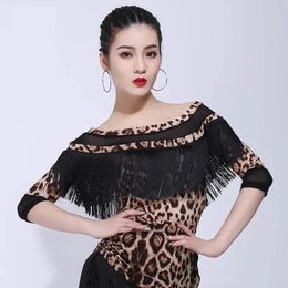 Stage Wear Woman Tassel Leopard Print Latin Dance Tops 2023 Costume Samba Ballroom Tango Salsa Clothes M-3XL