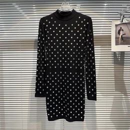 Casual Dresses 2023 Autumn Winter Fashion Women O-Neck Long Sleeve Elasticity Roman Cotton Rhinestone Party Black Bodycon Dress