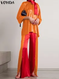 Women's Two Piece Pants 2023 Women Pant Sets VONDA Fashion Elegant Satin Silk Bow Party Suit Casual Colour Patchwork Matching Long Sleeve