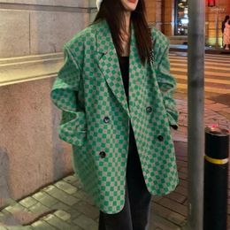 Women's Suits Blazer Women Green Plaid Suit Coat Spring Autumn Korean Style Design Feel Loose Polo Neck Small Top Clothing