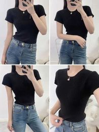 Women's T Shirts 2023 Autumn Capped Sleeves Ribbed Round Neck Profile Knitted Short-sleeved T-shirt For Women