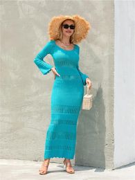 Women's Swimwear Wsevypo Backless Bandage Crochet Knit Beach Long Dress Summer Style Sleeve O Neck Hollow Out Wrap