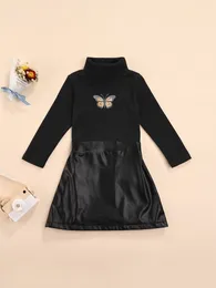 Clothing Sets Girls' Outfits Two Pieces Winter Skirts Suit Fashion Butterfly Long Sleeve Tops And Leopard/Leather Short Skirt