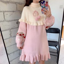 Women's Sweaters Autumn Winter Sweet Lolita Sweater Women Cute Turtleneck Pink Ruffles Knitted Dresses Girly Spring Harajuku Pullover Outerwear 231023