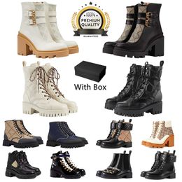 Designer Womens Boots High Heels Ankle Boot Real shoes Fashion Winter Fall Martin Cowboy Leather quilted Lace-up Women Winter Shoe Rubber lug sole 35-40