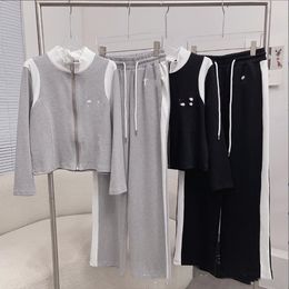 906 2023 Milan Style Autumn Brand Same Style Two Pieces Sets Crew NECK Grey Black Flora Print Long Pants Empire Long Sleeve Womens Clothes