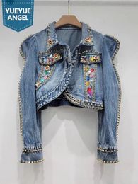 Womens Jackets High Street Women Puff Sleeve Short Shiny Diamonds Rivets Denim Jacket Slim Fit Female Stage Show Coat Fashion Crystal Tops 231021