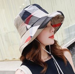 Wide Brim Hats 2023 Plaid Fashion Bucket Hat Women Summer Beach Sun Floppy Flat Foldable Cotton Caps