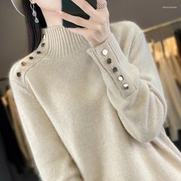 Women's Sweaters Luxury High Neck 100 Pure Cashmere Sweater For Women Autumn Winter Loose Thickened Fashion Metal Button Base Shirt Pullover