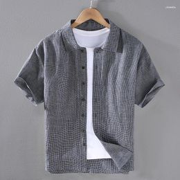 Men's Casual Shirts Men's Yarn Dyed Fine Plaid Linen Short Sleeve Shirt For Men Chinese Styles Summer Sold Colour Thin Breathable Trend