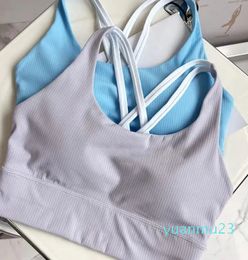 Yoga Outfit Women Fitness Neck Sports Bra Ribbed Cross Back Contrast Colour Tank Top Gym With Fix Pads