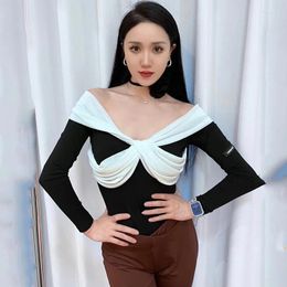 Stage Wear Latin Dance Tops For Women Off Shoulder Black And White Long Sleeved Jumpsui With Chest Pad Chacha Costumes DN16443