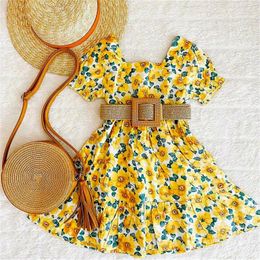 Girl Dresses 1-6Y Kids Girls Bohemian Floral Dress Baby Summer Clothing Puff Short Sleeve Square Neck A-line With Belt Children